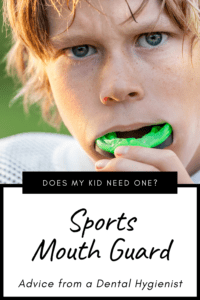 graphic for sports mouth guard article where there is text and an image of a red-headed youth football player putting in a mouth guard