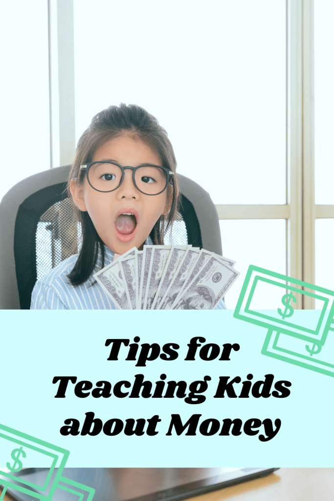 Teaching Kids about Money article graphic with photo of young girl holding a lot of money with a surprised look on her face