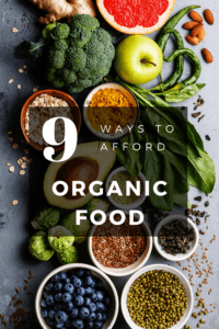 afford organic food article graphic with picture of fruits and vegetables in background