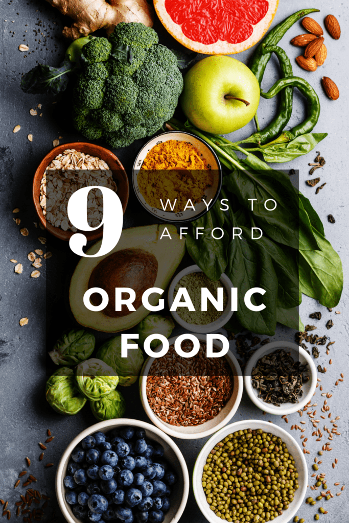 afford organic food article graphic with picture of fruits and vegetables in background