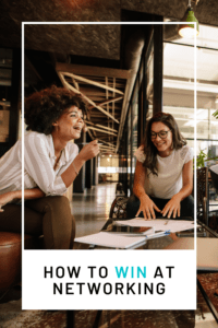 networking tips article graphic with two women smiling and talking