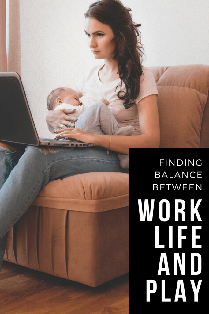 finding balance article graphic with picture of a mom holding her sleeping baby and a laptop