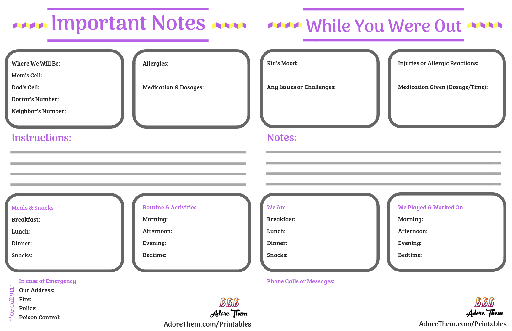 babysitter notes printables