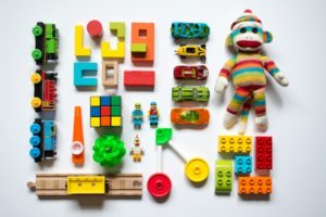 flat lay of colorful toys