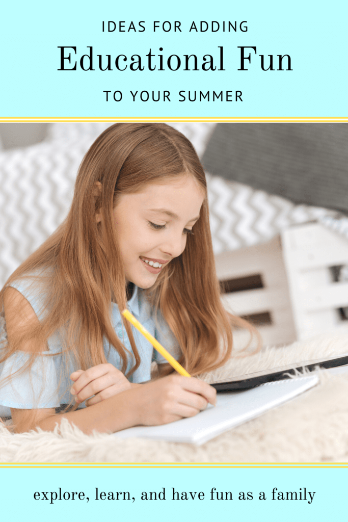 educational fun for summer graphic with picture of a girl on her bedroom floor smiling and writing on paper