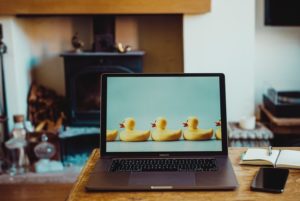 picture of a laptop in a living room with rubber duckies on the screen