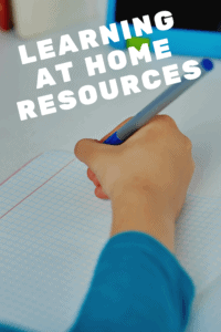 learning at home resources graphic with picture of a young boy's hand writing in a notebook