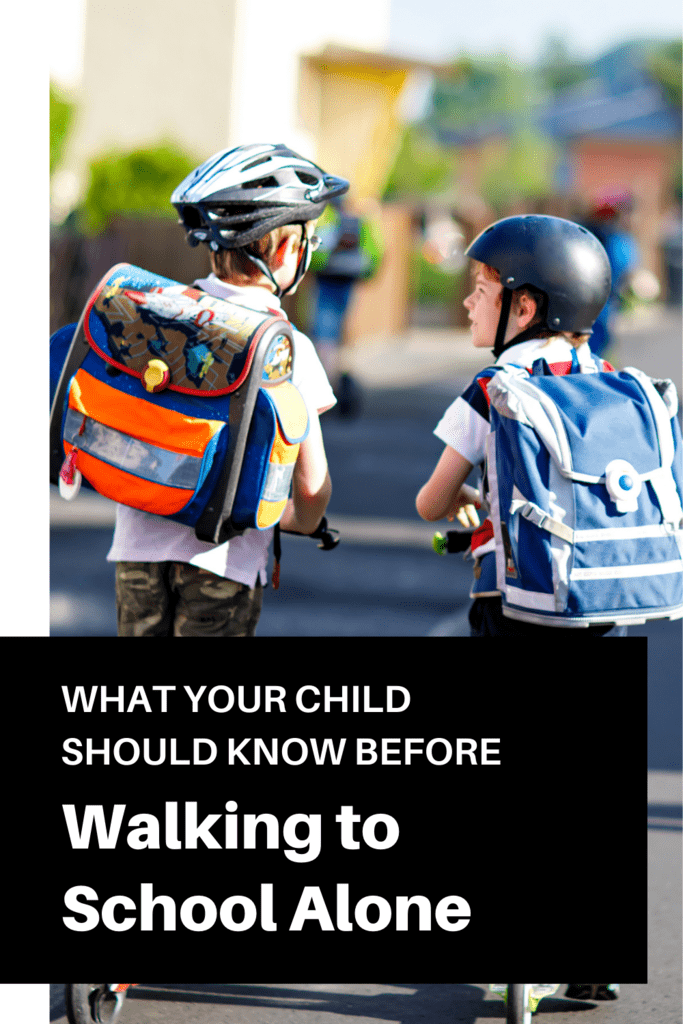 walking to school alone graphic with picture of two boys on scooters