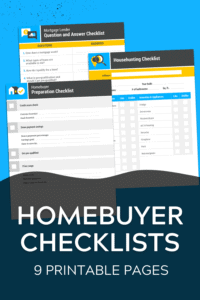 Homebuyer checklists free printable bundle graphic with blue background