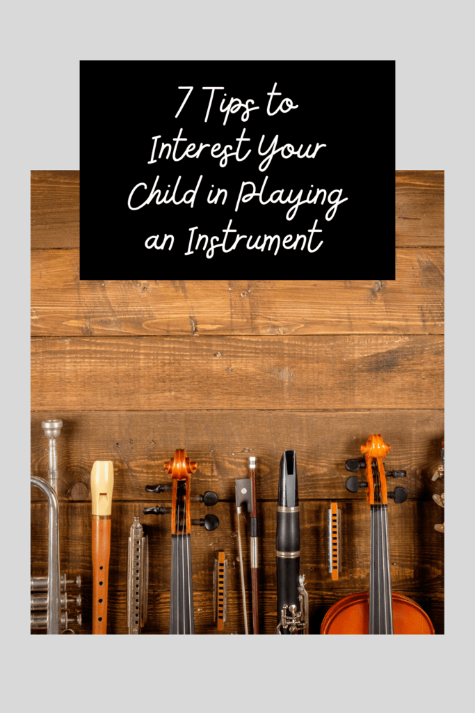 encourage child to play instrument graphic with flatly picture of various instruments