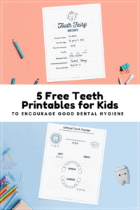 free teeth printables for kids graphic with mockup of tooth fairy receipt