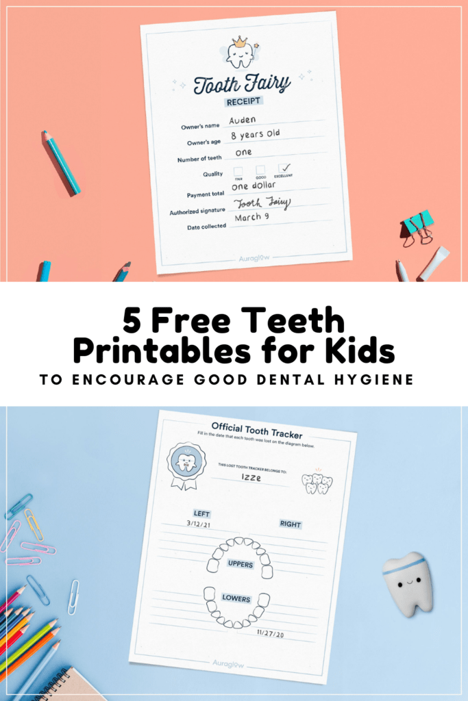 free teeth printables for kids graphic with mockup of tooth fairy receipt