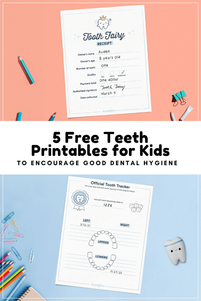 free teeth printables for kids graphic with mockup of tooth fairy receipt