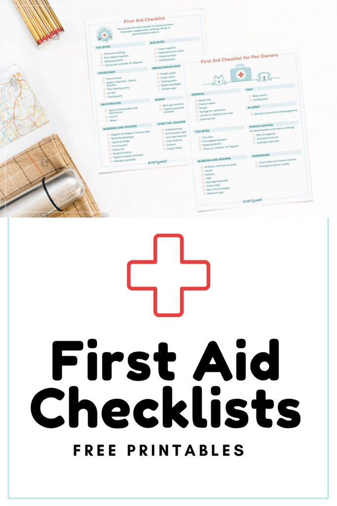 first aid checklists graphic with mockup of printables