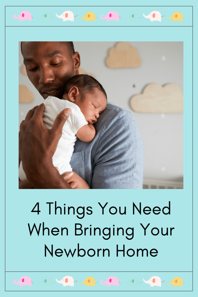 bringing your newborn home graphic with image of a dad holding a newborn