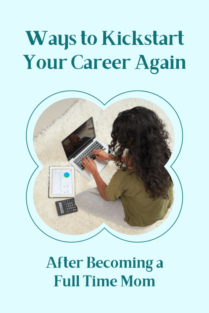 kickstart your career again graphic with image of woman working on laptop