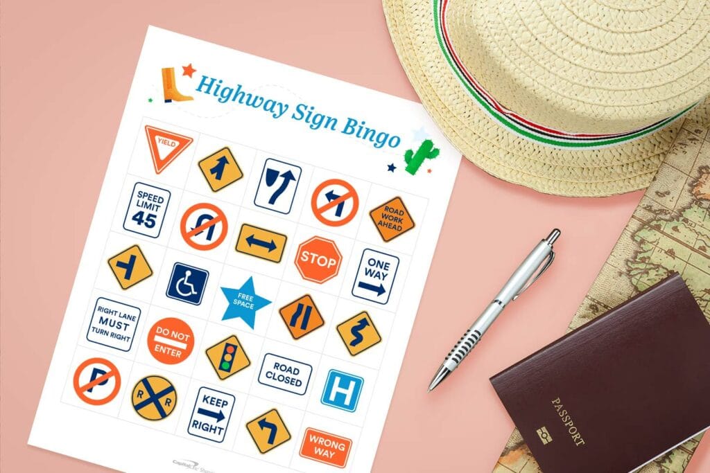 free printable road trip game highway sign bingo mockup