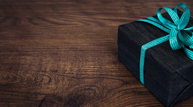 gift with blue ribbon