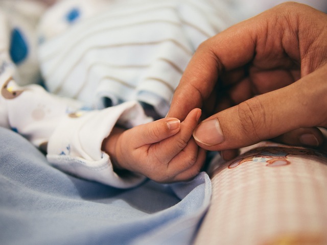 An adult's hand holding an infant's fingers