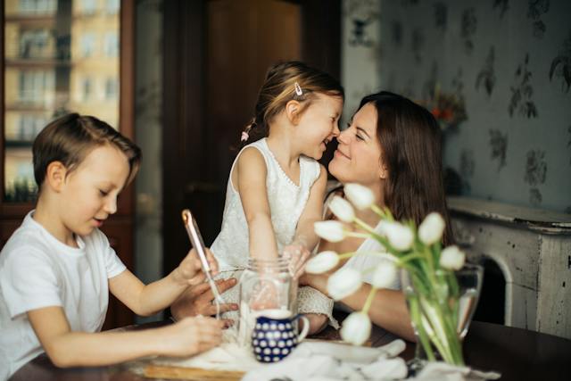 happy mom with kids