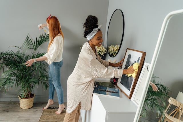2 women cleaning the house