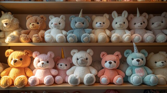 stuffed animals lined up on shelves