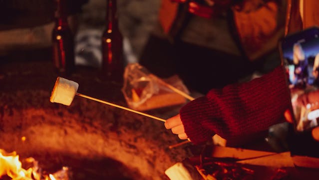 roasting marshmallows at night over camp fire