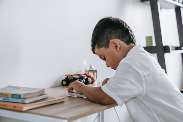 boy at desk writing