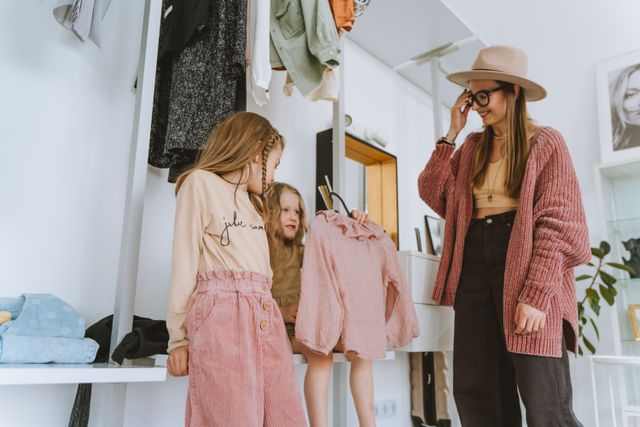 mom clothes shopping with 2 daughters