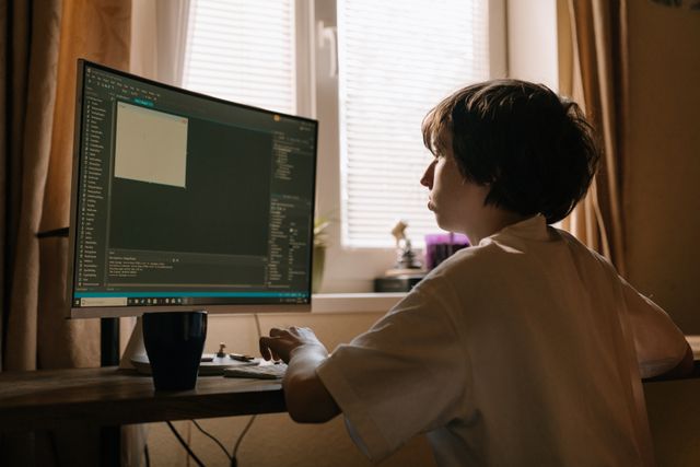 boy looking at computer screen