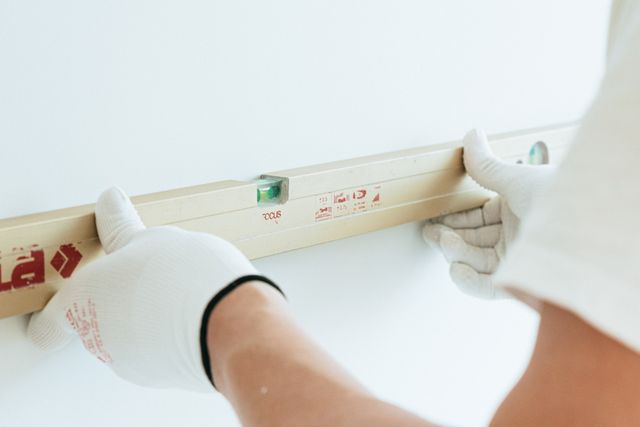 someone wearing gloves measuring wall
