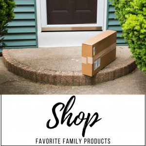 shop favorite family products graphic with picture of a package on a doorstep of a house with teal siding